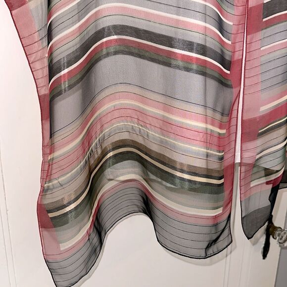 Vintage Red, Black, Green, Tan & Cream Semi Sheer Striped Polyester Scarf - Picture 5 of 6